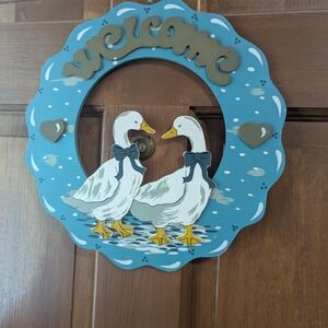 Vintage Country Goose Welcome Wreath Features Two Geese With Blue Bows